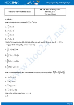 Bộ 5 đề thi HKII năm 2021 môn Toán 12 - Trường THPT Nguyễn Hiền