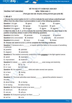 Bộ 5 đề thi HK2 môn Tiếng Anh 11 có đáp án năm 2021 Trường THPT Kim Đồng