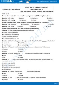 Bộ 5 đề thi HK2 môn Tiếng Anh 12 có đáp án năm 2021 Trường THPT Nguyễn Huệ