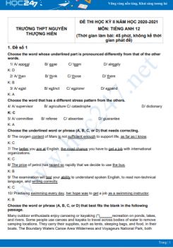 Bộ 5 đề thi HK2 môn Tiếng Anh 12 có đáp án năm 2021 Trường THPT Nguyễn Thượng Hiền