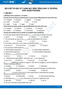 Bộ 5 đề thi HK2 môn Tiếng Anh 12 có đáp án năm 2021 Trường THPT Xuân Phương