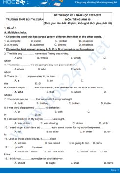 Bộ 5 đề thi HK2 môn Tiếng Anh 10 có đáp án năm 2021 Trường THPT Bùi Thị Xuân