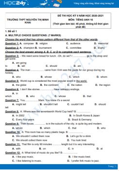 Bộ 5 đề thi HK2 môn Tiếng Anh 10 có đáp án năm 2021 Trường THPT Nguyễn Thị Minh Khai