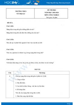 Bộ 5 Đề thi HK2 môn Công Nghệ 8 năm 2021 Trường THCS Võ Thị Sáu có đáp án