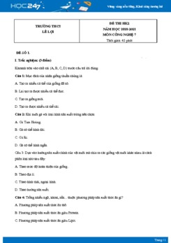 Bộ 5 Đề thi HK2 môn Công Nghệ 7 năm 2021 Trường THCS Lê Lợi có đáp án