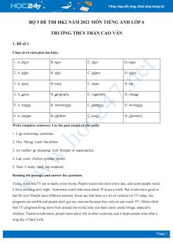 Bộ 5 đề thi HK2 môn Tiếng Anh 6 năm 2021 Trường THCS Trần Cao Vân