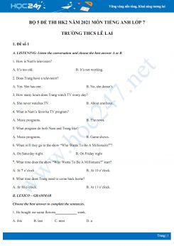 Bộ 5 đề thi HK2 môn Tiếng Anh 7 năm 2021 Trường THCS Lê Lai