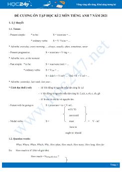Đề cương ôn tập HK2 môn Tiếng Anh 7 năm 2021
