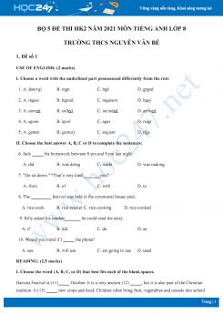 Bộ 5 đề thi HK2 môn Tiếng Anh 8 năm 2021 Trường THCS Nguyễn Văn Bé