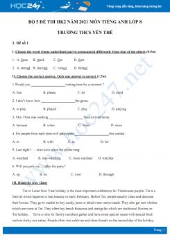 Bộ 5 đề thi HK2 môn Tiếng Anh 8 năm 2021 Trường THCS Yên Thế