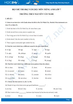 Bộ 5 đề thi HK2 môn Tiếng Anh 7 năm 2021 Trường THCS Nguyễn Văn Nghi