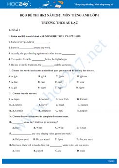 Bộ 5 đề thi HK2 môn Tiếng Anh 6 năm 2021 Trường THCS Âu Lạc