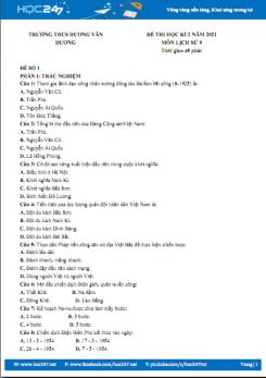 Bộ 5 đề thi HK2 môn Lịch Sử 9 năm 2021 có đáp án Trường THCS Dương Văn Dương