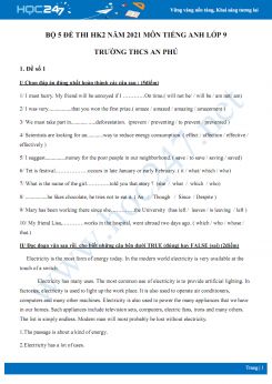 Bộ 5 đề thi HK2 năm 2021 môn Tiếng Anh lớp 9 Trường THCS An Phú