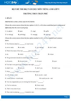 Bộ 5 đề thi HK2 năm 2021 môn Tiếng Anh lớp 9 Trường THCS Trần Phú