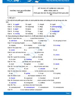 Bộ 5 đề thi HK2 môn Tiếng Anh 10 có đáp án năm 2021 Trường THPT Nguyễn Bỉnh Khiêm