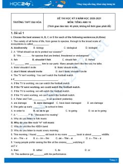 Bộ 5 đề thi HK2 môn Tiếng Anh 10 có đáp án năm 2021 Trường THPT Đại Hòa
