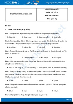 Bộ 5 đề thi HK2 môn Vật Lý 12 năm 2021 có đáp án Trường THPT Đào Duy Anh