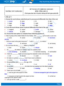 Bộ 5 đề thi HK2 môn Tiếng Anh 10 có đáp án năm 2021 Trường THPT Xuân Diệu