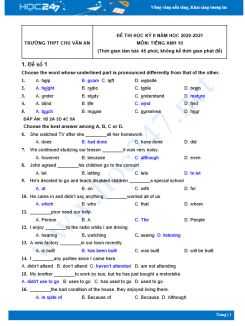 Bộ 5 đề thi HK2 môn Tiếng Anh 10 có đáp án năm 2021 Trường THPT Chu Văn An