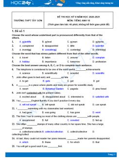 Bộ 5 đề thi HK2 môn Tiếng Anh 10 có đáp án năm 2021 Trường THPT Tây Sơn