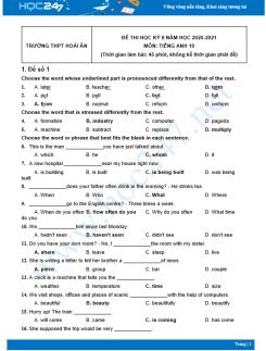 Bộ 5 đề thi HK2 môn Tiếng Anh 10 có đáp án năm 2021 Trường THPT Hoài Ân