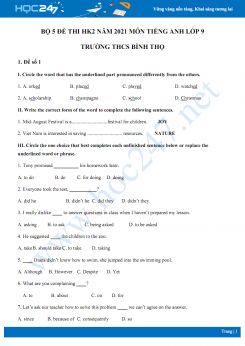 Bộ 5 đề thi HK2 năm 2021 môn Tiếng Anh lớp 9 Trường THCS Bình Thọ
