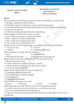 Bộ 5 đề thi HK2 môn Lịch Sử 11 năm 2021 có đáp án Trường THPT Phan Đình Phùng