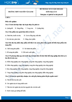 Bộ 5 đề thi HK2 môn Địa lí 10 năm 2021 - Trường THPT Nguyễn Văn Linh có đáp án
