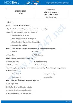 Bộ 5 Đề thi HK2 môn Công Nghệ 9 năm 2021 Trường THCS Lê Lợi có đáp án