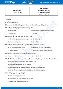 Bộ 5 Đề thi HK2 môn Công Nghệ 9 năm 2021 Trường THCS Nguyễn Du có đáp án