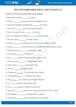 Bài tập Word form Tiếng Anh 9 có đáp án