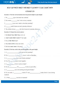 Bài tập phân biệt thì hiện tại đơn và thì quá khứ đơn có đáp án