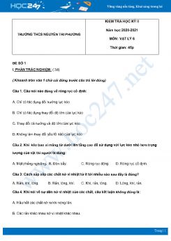 Bộ 5 đề thi HK2 môn Vật Lý 6 năm 2021 có đáp án Trường THCS Nguyễn Tri Phương