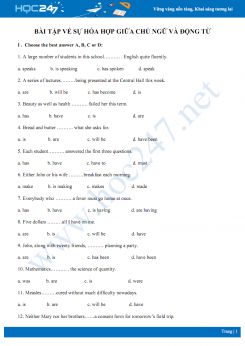 Bài tập về sự hòa hợp giữa chủ ngữ và động từ