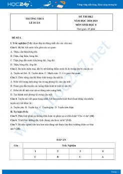 Bộ 5 Đề thi HK2 môn Sinh Học 8 năm 2021 Trường THCS Lê Duẩn có đáp án