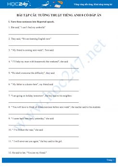 Bài tập câu tường thuật Tiếng Anh 8 có đáp án