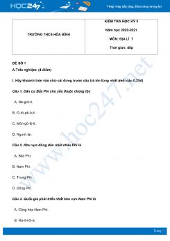 Bộ 5 đề thi HK2 môn Địa Lý 7 năm 2021 có đáp án Trường THCS Hòa Bình