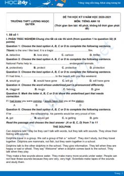 Bộ 5 đề thi HK2 môn Tiếng Anh 10 có đáp án năm 2021 Trường THPT Lương Ngọc Quyến
