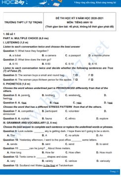 Bộ 5 đề thi HK2 môn Tiếng Anh 10 có đáp án năm 2021 Trường THPT Lý Tự Trọng