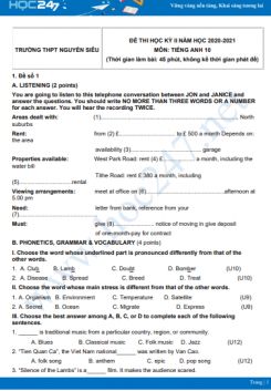 Bộ 5 đề thi HK2 môn Tiếng Anh 10 có đáp án năm 2021 Trường THPT Nguyễn Siêu