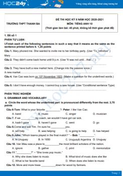 Bộ 5 đề thi HK2 môn Tiếng Anh 10 có đáp án năm 2021 Trường THPT Thanh Ba