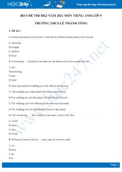 Bộ 5 đề thi HK2 năm 2021 môn Tiếng Anh lớp 9 Trường THCS Lê Thánh Tông