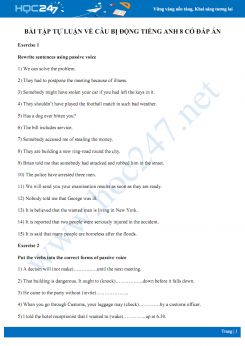 Bài tập tự luận về câu bị động Tiếng Anh 8 có đáp án