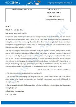 Bộ 5 đề thi HK2 môn Ngữ văn 11 năm 2021 Trường THPT Hiệp Bình