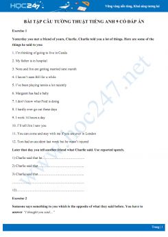 Bài tập câu tường thuật Tiếng Anh 9 có đáp án