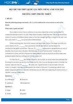 Bộ 5 đề thi thử THPT QG năm 2021 môn Tiếng Anh Trường THPT Phước Thiền