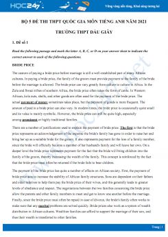 Bộ 5 đề thi thử THPT QG năm 2021 môn Tiếng Anh Trường THPT Dầu Giây