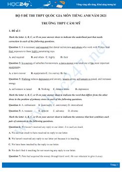 Bộ 5 đề thi thử THPT QG năm 2021 môn Tiếng Anh Trường THPT Cẩm Mỹ