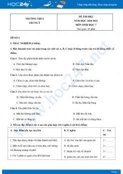 Bộ 5 Đề thi HK2 môn Sinh Học 7 năm 2021 Trường THCS Trung Ý có đáp án